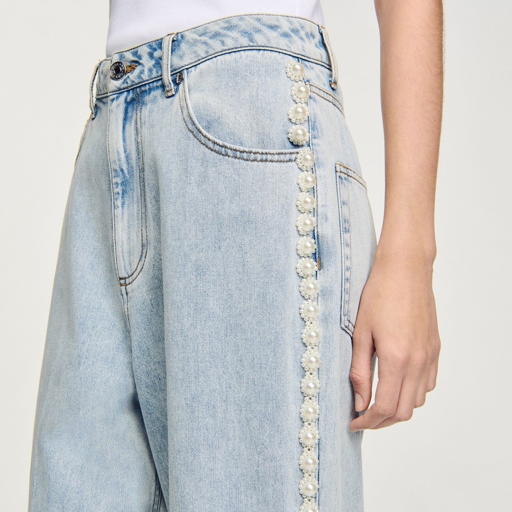 Sandro Light Blue Pearl-Trimmed Flare Jeans